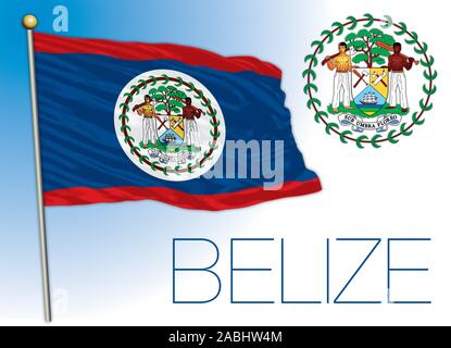 Belize ufficiale di bandiera nazionale e stemma, illustrazione vettoriale, America centrale Illustrazione Vettoriale