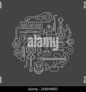 Silhouette bianca isolata su uno sfondo grigio Strumenti musicali a forma rotonda disegno vettoriale. Illustrazione Vettoriale