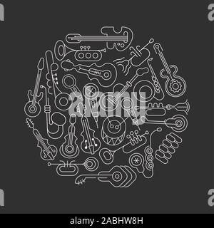 Colore bianco arte linea isolata su uno sfondo grigio gli strumenti musicali e microfoni a forma rotonda disegno vettoriale. Un mazzetto di strumento musicale icone. S Illustrazione Vettoriale