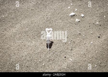 Questa foto unica mostra immondizia plastica sulla spiaggia, ma è un cuore d'amore Foto Stock