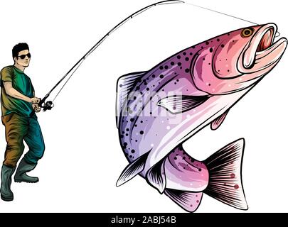 Progettazione di pesca per il vettore. Un pescatore si ritiene che le catture di una barca su un'onda. Illustrazione Vettoriale