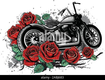 Vector illustation vintage moto chopper e rose poster Illustrazione Vettoriale