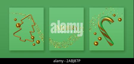 Merry Christmas greeting card invito set. Oro 3d partito decorazione sulla festosa sfondo verde collezione. Vacanza include ornamento di pino, ca Illustrazione Vettoriale