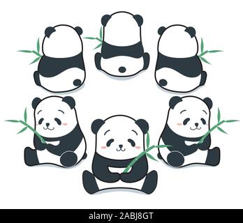 Carino divertente stile cartoon orso panda seduti in cerchio con bambù illustrazione vettoriale. Foto Stock