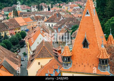 Sighisoara città vecchia vista panorama in Romania Foto Stock