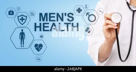 Mens Health banner, assistenza medica e sanitaria concetto sullo schermo. Medico con stetoscopio Foto Stock