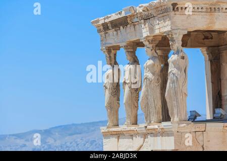 Portico delle cariatidi, Eretteo Tempio Acropoli di Atene, Grecia, Europa Foto Stock