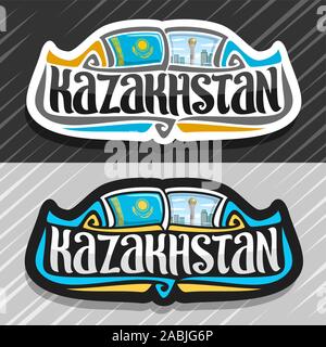 Il logo del vettore per il Kazakistan paese, frigo magnete con stato kazako bandiera, spazzola originale carattere tipografico per word Kazakistan, nazionale simbolo kazako - Baiter Illustrazione Vettoriale