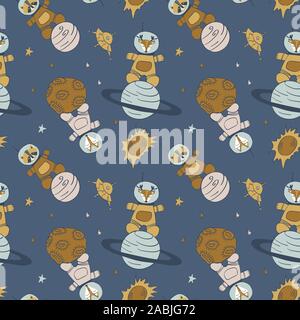 Infantile seamless pattern con simpatici animali nello spazio. Fox, raccoon e cervi in tute spaziali. Illustrazione Vettoriale. Illustrazione Vettoriale