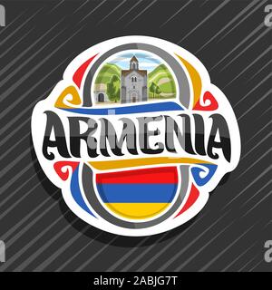 Il logo del vettore per paese Armenia, frigo magnete con stato armeno bandiera, spazzola originale carattere tipografico per parola armenia, nazionale simbolo armeno - traino campana Illustrazione Vettoriale