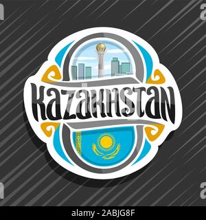 Il logo del vettore per il Kazakistan paese, frigo magnete con stato kazako bandiera, spazzola originale carattere tipografico per word Kazakistan, nazionale simbolo kazako - Baiter Illustrazione Vettoriale