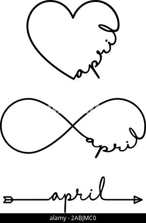 Aprile - la parola con il simbolo di infinito, disegnati a mano il cuore, una freccia nera linea. Disegno minimalista di frase illustrazione Illustrazione Vettoriale