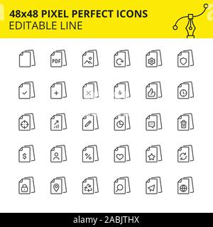 Modificabile le icone dei file e il flusso di documenti e di interazione con esse, come modificare, salvare, eliminare e ricercare etc. Perfetto di pixel 48x48, scala impostata. Vettore. 48x48 Illustrazione Vettoriale
