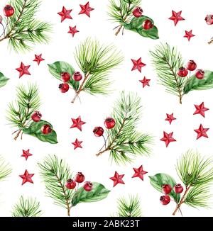 Natale acquerello seamless pattern. Dipinto a mano illustrazione con pino, bacche rosse e decorazioni a stella. Vacanze inverno sfondo per il messaggio di saluto Foto Stock