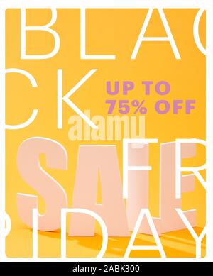 Vendita bianco scritte luminose su sfondo arancione con Venerdì nero, fino a 75 percento di illustrazione Foto Stock