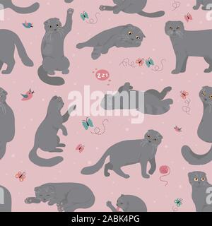 Cartoon cat caratteri modello senza giunture. Scottish Fold di pose e di emozioni. Schermo piatto a colori e stile semplice design. Illustrazione Vettoriale Illustrazione Vettoriale