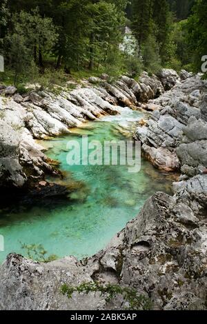 Parole chiave: fiume, soca, Slovenia, acqua, la natura, il verde paesaggio, bella, parco, montagna, nazionale, valley, turchese, Triglav, roccia, pietra, blu Foto Stock