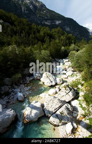 Parole chiave: fiume, soca, Slovenia, acqua, la natura, il verde paesaggio, bella, parco, montagna, nazionale, valley, turchese, Triglav, roccia, pietra, blu Foto Stock