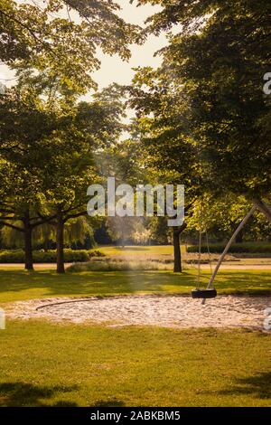 Un altalena appesa in un parco con alberi secolari e una sunbeam proveniente attraverso le foglie in una giornata di sole Foto Stock