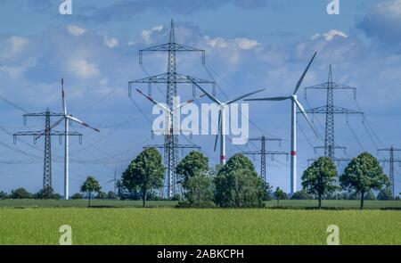 Windräder und Strommasten nahe Springe, Niedersachsen, Deutschland Foto Stock