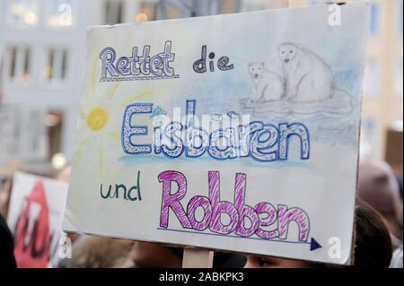 Gli studenti dimostrano in Marienplatz a Monaco di Baviera contro il cambiamento climatico. Nella foto un cartello con la scritta: "Salva gli orsi polari e le guarnizioni di tenuta'. [Traduzione automatizzata] Foto Stock