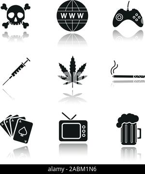 Dipendenze e le cattive abitudini ombra nera set di icone. Cranio e crossbones, www globe simbolo, gamepad, siringa, foglia di marijuana, sigarette, mazzo di carte Illustrazione Vettoriale