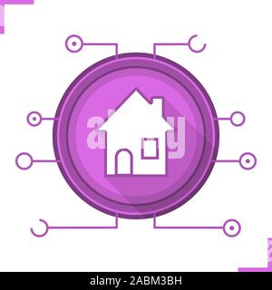 Casa Smart design piatto lungo ombra icona. Smart home concetto tecnologico. Silhouette di vettore di simbolo in percorsi di microchip Illustrazione Vettoriale