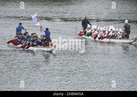 Gara di dragon boat del TUM e LMU sul lago olimpico a Monaco di Baviera Olympic Park. [Traduzione automatizzata] Foto Stock