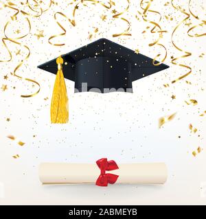 Elogiativo banner con un cappuccio di laurea, diploma e caduta di golden coriandoli Illustrazione Vettoriale