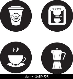 Caffè set di icone. Macchina per il caffè espresso, classica caffettiera, tazza fumante sulla piastra, monouso bicchiere di carta. Vettore illustrazioni in bianco in cerchi neri Illustrazione Vettoriale