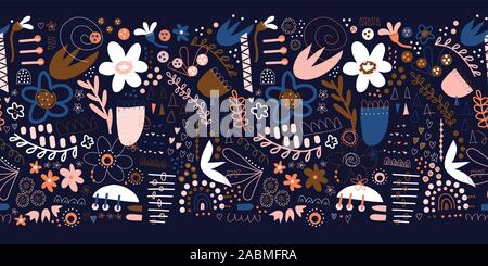 Seamless floral doodle confine con piante e forme astratte in blu rosa bianco marrone. Ripetizione di moderno design pattern con disegnati a mano fiori Illustrazione Vettoriale