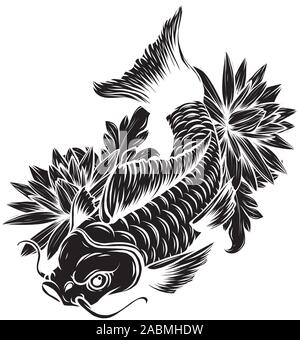 Disegnata a mano contorno pesce Koi ,oro carpe giapponesi con fiori di loto disegno della linea libro da colorare il vettore Illustrazione Vettoriale
