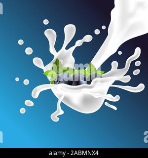 Illustrazione con spruzzi bianchi del latte su sfondo blu. Il vettore d'onda succosa, scorre il liquido. Sfondo di mirtilli. Schizzi di latte, di grande design Illustrazione Vettoriale