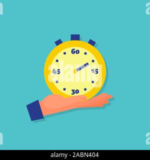 Caucasian mano umana tenendo giallo cronometro sul palm. Concetto di gestione del tempo. Sfondo blu. In stile appartamento vettore di stock. Illustrazione Vettoriale