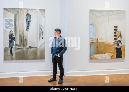 Londra, Regno Unito. 28 Nov 2019. Marcin Maciejowski con il suo lavoro - il primo spettacolo alla Galerie Thaddaeus Ropac, Londra dell'artista polacco Marcin Maciejowski. Galerie Thaddaeus Ropac, ospita spettacoli separati da due artisti simultaneamente. Credito: Guy Bell/Alamy Live News Foto Stock