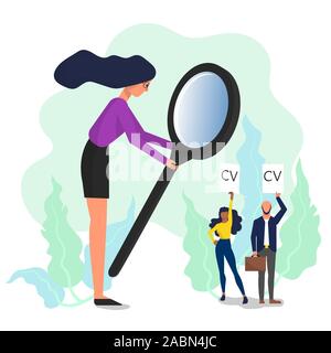 Donna che mantiene grande lente di ingrandimento e guardando a maschio e femmina i candidati di lavoro. Isolato su sfondo bianco. In stile appartamento vettore di stock. Illustrazione Vettoriale