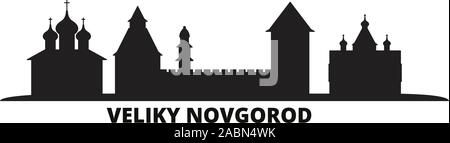 Russia, Veliki Novgorod skyline della città isolata illustrazione vettoriale. Russia, Veliki Novgorod viaggio paesaggio urbano in nero Illustrazione Vettoriale