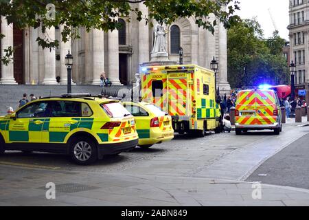 Londra, Inghilterra, Regno Unito. Interventi di emergenza in caso di un incidente presso la Cattedrale di St Paul, 2019. Le ambulanze e Incident Response di unità Foto Stock
