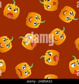 Carino seamless pattern con il cartoon di zucca emoji Illustrazione Vettoriale