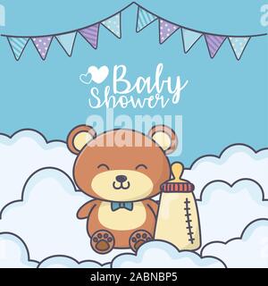 Baby shower simpatico orsacchiotto con bottiglia illustrazione vettoriale Illustrazione Vettoriale