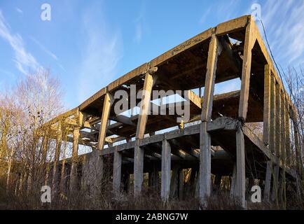 Rovinato concreta struttura industriale nella foresta al tramonto. Foto Stock