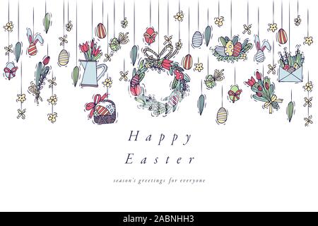 Le uova di pasqua di composizione. Colorate icone lineare su sfondo bianco. Appendere la Pasqua uova ornamentali. Felice Pasqua biglietto di auguri. Illustrazione Vettoriale