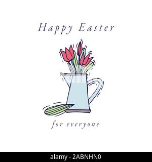 Le uova di pasqua di composizione. Lineare colorati mazzo di tulipani icone su sfondo bianco. Fiori di Primavera. Illustrazione Vettoriale
