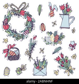 Vettore di disegnare a mano illustrazioni decorazioni di pasqua e le uova di composizione. Colorate icone lineare su sfondo bianco. Illustrazione Vettoriale