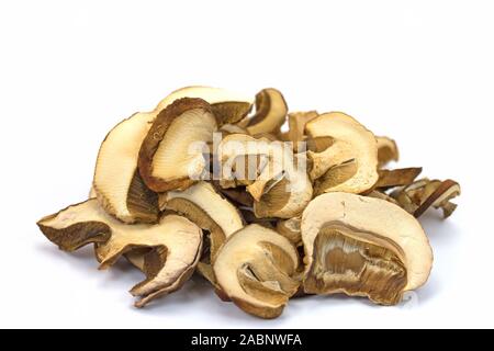 Funghi porcini secchi di fronte a uno sfondo bianco Foto Stock