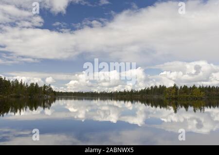 Wolke spiegeln sich in einem vedere im Naturreservat Rogen, Haerjedalen, Schweden, Agosto 2011 Foto Stock