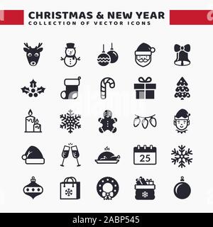 Natale e Anno Nuovo web icon set. Vettore Collezione per Natale e saluti della stagione temi. Nero simboli isolati su sfondo bianco. Illustrazione Vettoriale