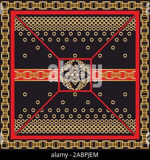 Catena ornamentale pattern su sfondo nero. Fiori colorati sfondo, scialle, bandana, sciarpa, fazzoletto di stampa digitale, disegno di tessuto. Moda Donna Illustrazione Vettoriale
