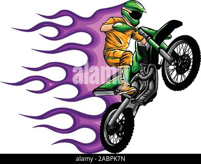 Croce di moto stunt flaming illustrazione vettoriale con il fuoco Illustrazione Vettoriale
