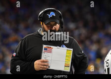 Detroit, Michigan, Stati Uniti d'America. 28 Nov, 2019. Detroit Lions head coach Matt Patricia durante il gioco di NFL tra Chicago Bears e Detroit Lions su Novembre 28, 2019 al Ford Field in Detroit, MI (foto di Allan Dranberg/Cal Sport Media) Credito: Cal Sport Media/Alamy Live News Foto Stock